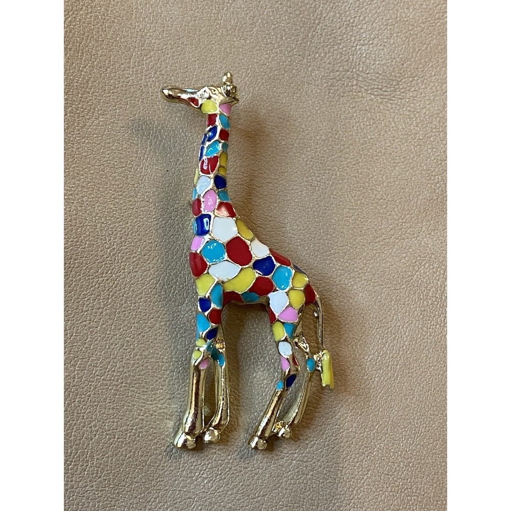 Giraffe Animal Kingdom Brooch Pin Bright Multicolor Enamel Over Gold-Tone Metal